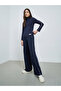 Navy Blue Wide Leg Joggers with Side Stripe - 2