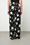 Women's Modern Floral Patterned Black - White Elastic Waist Palazzo Trousers - 4