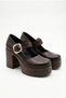 Women's High Heeled Stylish Buckle Elastic Band Blunt Toe Bitter Brown Ballerina Loafer Shoes - 4