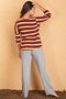 Striped Top & Pyjama Set in Maroon & Grey - Cotton Rich - 4