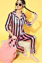 Sassy Stripes Button Down Shirt & Pyjama Set in Light Pink - Viscose Satin