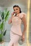 Double Fabric Single Sleeve Rose Detail Pencil Dress - POWDER PINK - 4