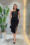 Double Fabric Single Sleeve Rose Detailed Pencil Dress - Black