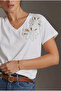 White V-Neck Beaded Embroidered 100% Cotton T-Shirt - 2