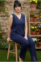 Navy Blue Lace Detailed Large Size Oversized Sleeveless Knitted Viscose Pajama Set26120901