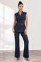 Premium Denim Suit Set - Navy Blue Sleeveless Blazer Trousers Set with Gold Detail 36038 - 4