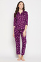 Pretty Florals Button Down Shirt & Pyjama Set in Wine Colour - 100% Cotton - 2