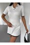 Women's Ecru Polo Collar Stripe Detailed Short Sleeve Two-Piece Set - 2