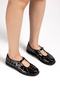 Women's Black Patent Leather Strappy Casual Ballerinas with Trop Detail - 4