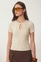 Cut Out Detailed Cropped Ribbed Knitted Blouse Lex0008 Cream - 4
