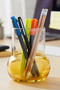 Minimalist Transparent Glass Pen Holder - Desktop Office Organizer (11X9 cm) - Amber Yellow - 2