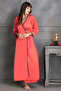 2 Pc Set in Coral Red - Long Nighty & Robe - Satin - 6