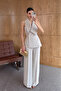 Beige Asymmetric Collar Gold Buttoned Vest Trousers Set - 9692