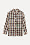 Women's Brown Plaid Long Sleeve Shirt with Stitching Detail