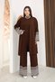 Round Neck Sleeveless Badi U Long Sleeve Midi Length Cardigan Elastic Waist Piped Leg Pants Knitwear Three-Piece Set - 5