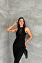 Women's Black Lace Detailed Draped Backless Long Evening Dress - 2