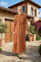 Women's Ruffle Detailed Buttoned Linen Orange Dress - 2
