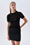 Women's Black Jacquard Knitted Short Sleeve Sweater