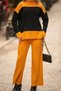 Half Turtleneck Stripe Detailed Color Blocked Sweater Elastic Waist Straight Leg Trousers Double Knitwear Set