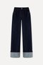 Women's Dark Indigo Straight Fit Jean Pants with Cuff Detail - 3