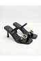 Talya Gold Ring Buckle Goblet Heeled Slippers - Black Wrinkled