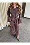Brown Blouse with Flounce Sleeves and Pants Set - 0812 - 6