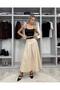 Women's Beige Belted Pleated Skirt