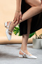 Pearl Embellished White Patent Leather Open Back Closed Toe Square Women's Shoes - 2