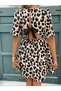 Women's Leopard Print Mini Dress - Double Breasted Collar Short Sleeve Single Jersey Dress with Bow Detail