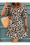 Women's Leopard Print Mini Dress - Double Breasted Collar Short Sleeve Single Jersey Dress with Bow Detail - 2