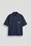 Men's Back Printed Short Sleeve 100% Cotton Shirt Navy Blue