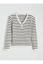 White v-neck striped women's knit sweater - 5