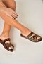 Y390450703 Brown Genuine Leather Women's Slippers with Staple Detail - 2