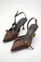 Women's Special Design Brown Satin Metal Buckle Accessory Upholstered Pointed Toe Thin Heeled Shoes - 3