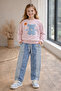 Pink Sequined Stretchy Sweatshirt and Wide-Leg Jeans Girls' Holiday Set