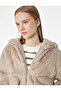 Long Sleeve Zippered Hooded Faux Fur Jacket with Pocket Detail - 2