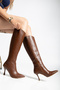 Women's Vegan Leather Zippered Pointed Toe Heeled Long Boots - 3