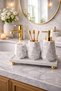 Marble Patterned Concrete 4-Piece Bathroom Wc Set Liquid Soap Dispenser Toothbrush Holder Presentation Tray Gold Detailed
