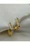 Baguette Stone Geometric Steel Hoop Earrings - Golden Baguette Geo-Hoops - 2