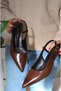 Sole Pointed Toe Single Strap Buckle Heeled Women's Shoes Patent Leather Bitter Brown - 2