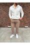 Men's Report Ottoman Fabric Top and Bottom Set White Shirt + Brown Pants - 2