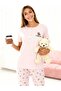 Pink Color Teddy Bear Themed Short Sleeve Crew Neck Women's Pajama Set