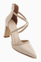 Neyla Beige Staple Detailed Cross-Strapped Pointed Toe Women's Heeled Shoes