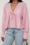 Women's Powder V-Neck Lace-Up Front Loose Long Sleeve Blouse - 6