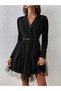 Women's Long Sleeve Collared Mini Tulle Imported Crepe Dress with Belt Detail at the Waist - 2