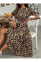 Women's Short Sleeve Collared Leopard Printed Belted Waist Midi Single Jersey Dress