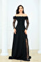Crepe Balen Lace Detailed Long Evening Dress - Black