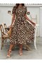 Women's Short Sleeve Collared Leopard Printed Belted Waist Midi Single Jersey Dress - 4