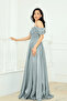 Glittery Crepe Ruched Long Evening Dress with Straps - Mint Green - 7
