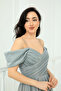 Glittery Crepe Ruched Long Evening Dress with Straps - Mint Green - 5